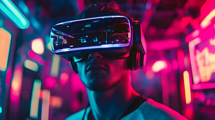 A person wearing a VR headset in a neon-lit environment, showcasing a futuristic and immersive digital experience.