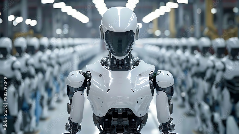 Poster single robot stands in front of a row of identical robots, depicting the potential impact of automat