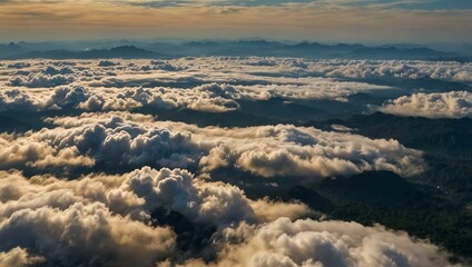 Aerial view of clouds over mountains in Yala Province, Thailand.