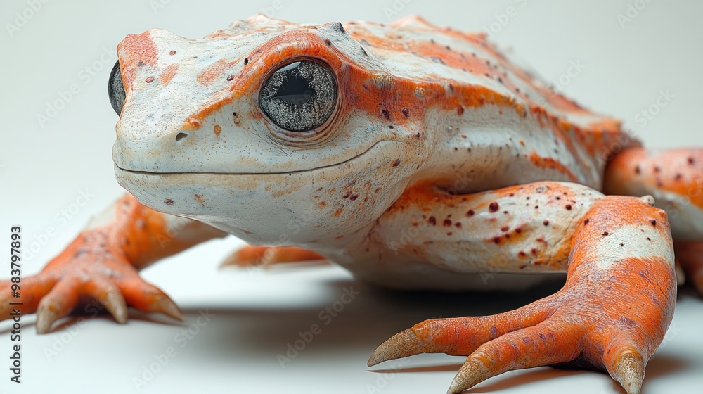 Poster a close-up of a colorful frog with orange and white patterns.