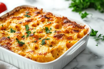 Baked Pasta with Creamy Sauce and Cheese Topped with Parsley