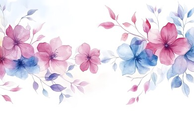 Watercolor floral bouquet, with pink and blue flowers, on a simple white background, 