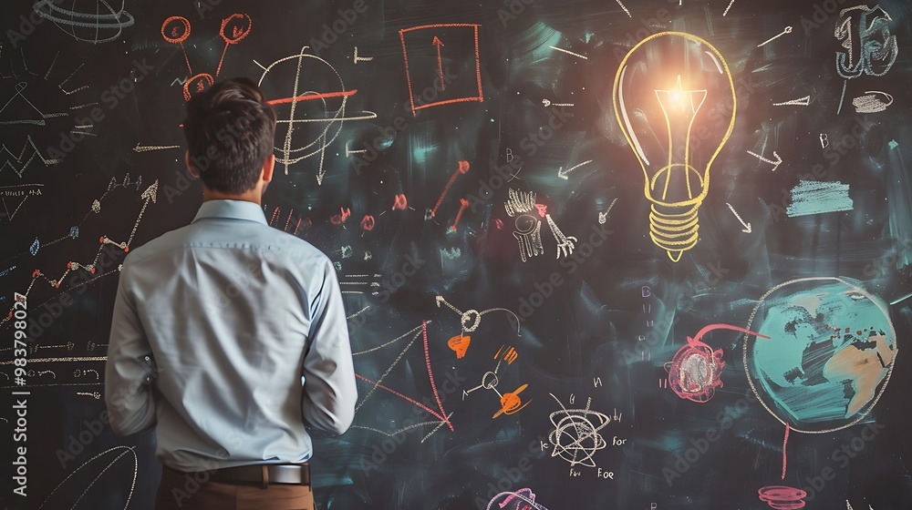 Poster man stands in front of a chalkboard filled with drawings and a glowing lightbulb representing an ide