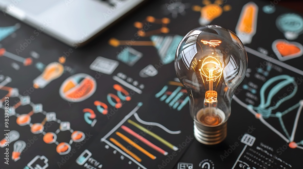 Poster lit lightbulb on a chalkboard with various diagrams and graphs suggesting a bright new idea