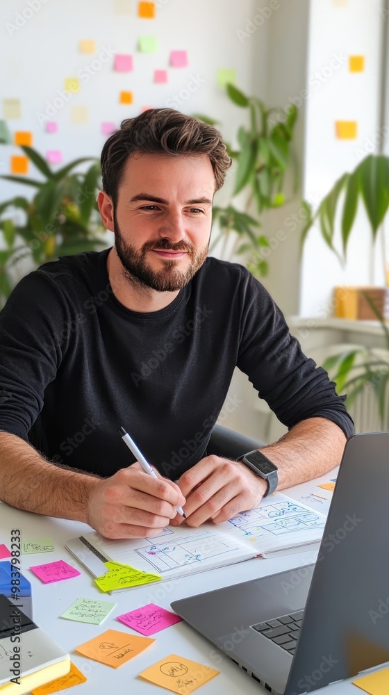 Poster a ux/ui designer sitting at a desk, sketching wireframes on a notebook with a focused expression, su