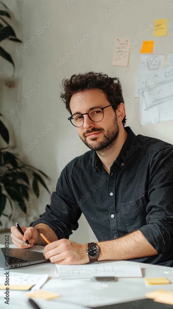 Poster a ux/ui designer sitting at a desk, sketching wireframes on a notebook with a focused expression, su