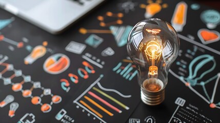 Lit lightbulb on a chalkboard with various diagrams and graphs suggesting a bright new idea