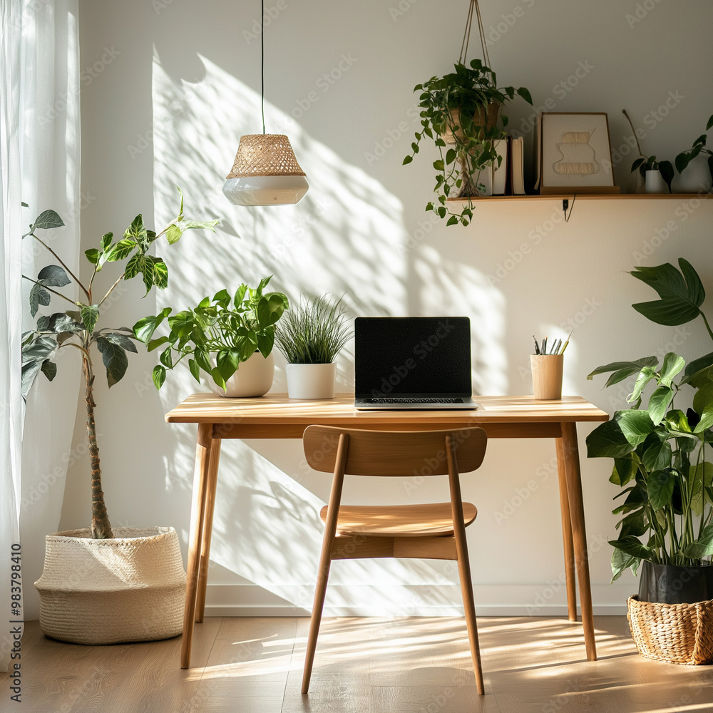 Wall mural home office with wooden furniture and indoor plants, bright and natural workspace with copy space