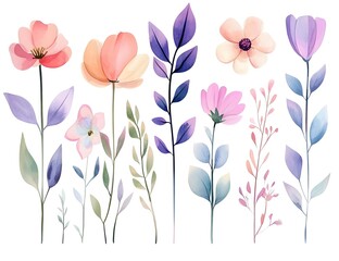 Watercolor flower clipart collection, pastel colors, white background.