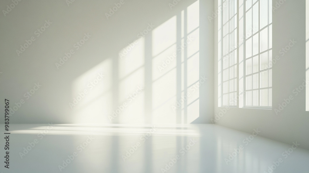 Poster bright and spacious interior with large windows casting shadows in a minimalist setting