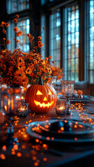 Halloween dinner table with stylish pumpkin decorations inside a luxury mansion with large windows