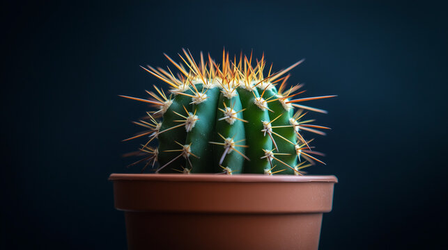 Potted cactus with sharp spines against dark background