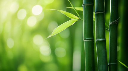 Green bamboo stalks with fresh leaves, natural forest background, calming nature scene with copy space