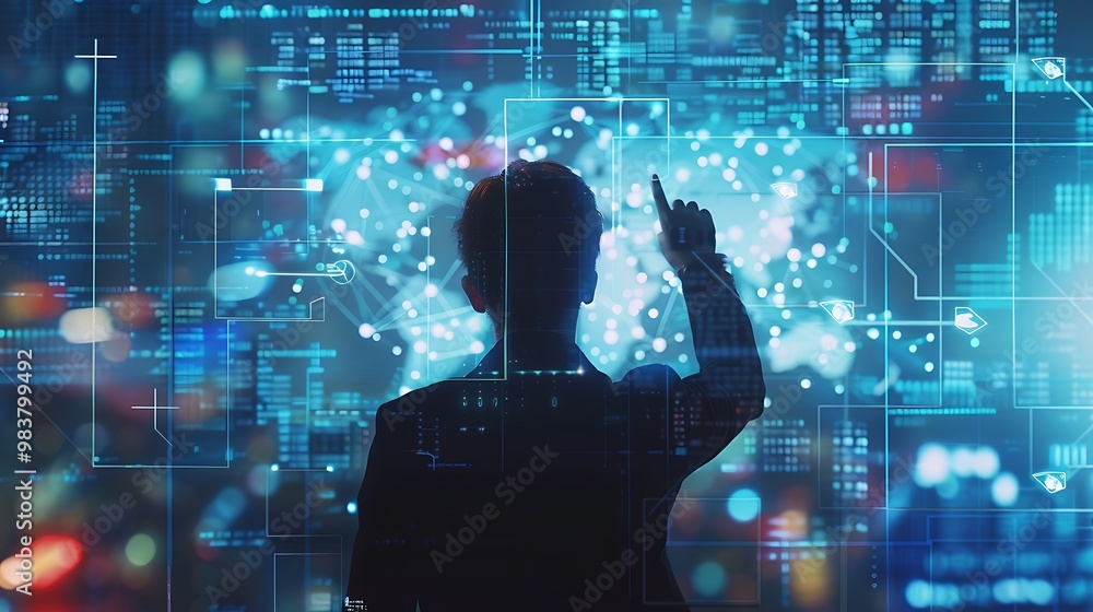Poster silhouette of a person interacting with a digital interface, surrounded by data, code, and network c