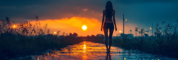 Silhouette of a woman walking away from the setting sun.