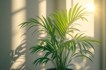 A light gray room with pots of small green plants bathed in soft sunlight coming through the window.