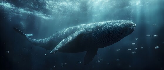Fototapeta premium Majestic underwater photo of a huge blue whale swimming in the deep ocean.