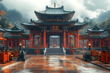 Fototapeta premium It is a grand, ancient Korean-style building in the East, with a tiled roof, red pillars, and a yard filled with stone blocks.