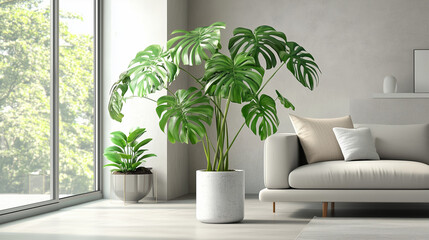 Modern living room with Monstera plant, minimalist design, bright interior, and large windows with copy space
