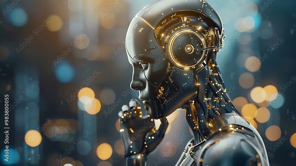 Poster android's head with intricate wiring and circuitry, set against a bokeh background of blurred city l