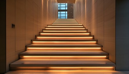 Serene staircase illuminated by warm light, creating a soothing ambiance that accents the textures and colors of the steps.