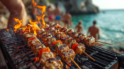 Grilled meat skewers with peppers sizzling over a beach bonfire.