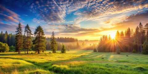Panoramic landscape of a sunlit forest and meadow at sunrise, sunrise, panorama, landscape, sunlight, forest, meadow, nature