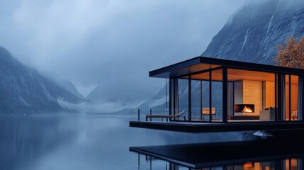 Fototapeta premium A luxurious tiny home with a glass wall, overlooking a mountain lake, featuring minimalist interior design with a fireplace, perfect for a peaceful getaway