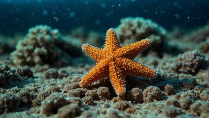 Baby starfish on a coral seabed, bubbles rising.