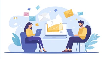 Email service concept with people scene for web. Man makes advertising mailing. Woman receives online emails with promotional information on her laptop. Illustration in flat perspective design