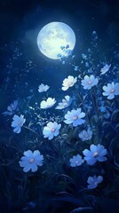 Under a luminous moon delicate white flowers bloom creating a peaceful nighttime atmosphere