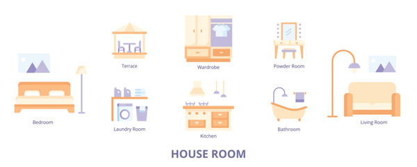 House Room Flat Banner Web Icon Set Vector Illustration, bedroom Kitchen Living Bathroom Laundry Wardrobe Powder Terrace