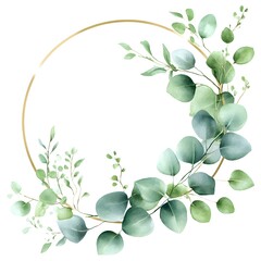 Obraz premium Watercolor pastel green eucalyptus leaves with a gold circular frame,