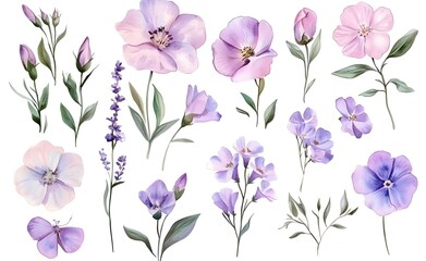 Various flowers. Watercolor pastel pink and purple wildflowers clipart, on a white background, 