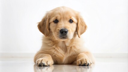 Adorable golden retriever puppy sitting against white background
