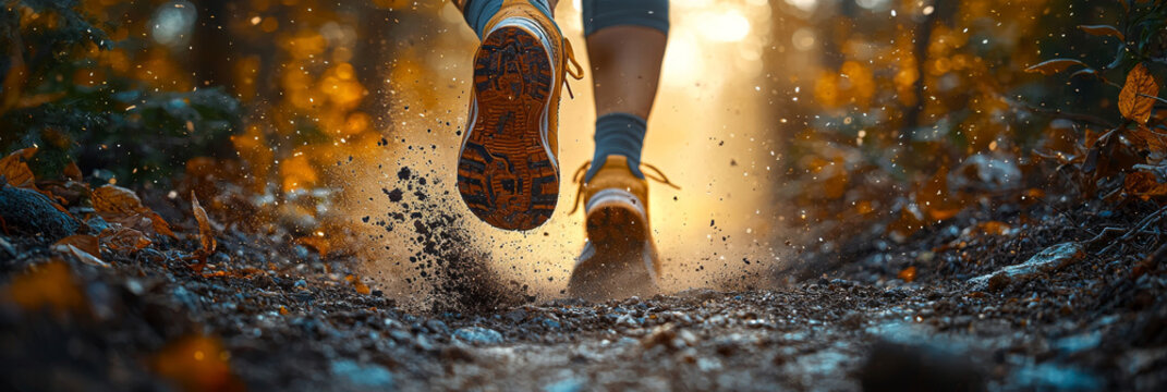 Close-up of a runner's feet hitting the ground in a trail run.