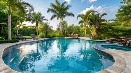 Swimming pool in tropical garden with palm trees and blue sky.