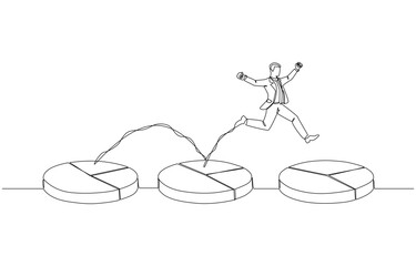 Continuous one line drawing of businessman jumping on pie chart with increasing proportion, gaining more market share, development in business competition concept, single line art.