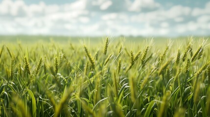 Lush Green Wheat Field Under a Cloudy Sky - Serene Agricultural Landscape Photograph
