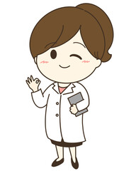 白衣を着てOKをしている女性のゆるかわイラスト