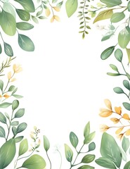 Watercolor green leaves and flowers frame with a white background, 