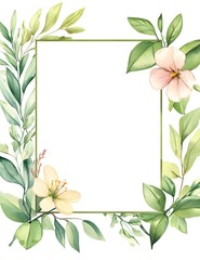 Fototapeta premium Watercolor green leaves and flowers frame with a white background, 