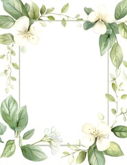 Fototapeta premium Watercolor green leaves and flowers around the edges square frame with a white background, 