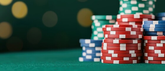 Colorful Casino Chips on a Green Table Background