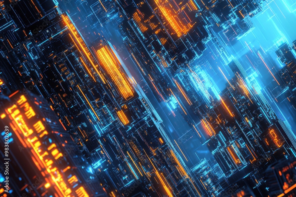 Poster a complex glowing digital cityscape with neon lights and grid patterns