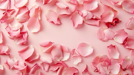 Fototapeta premium Elegant rose petal composition on soft pink pastel background, perfect for valentine’s day, mother’s day, or romantic celebration themes, flat lay design with copy space for greeting cards, invitation