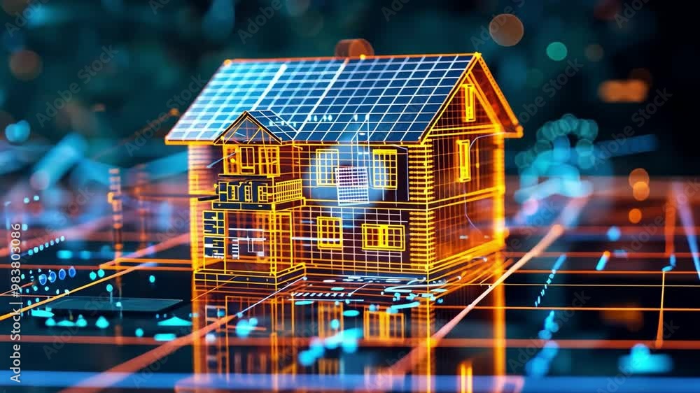 Poster a glowing model of a modern smart home is displayed on a grid, surrounded by digital elements and te