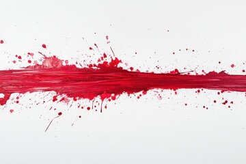 A dramatic horizontal streak of red paint splatter on a white background