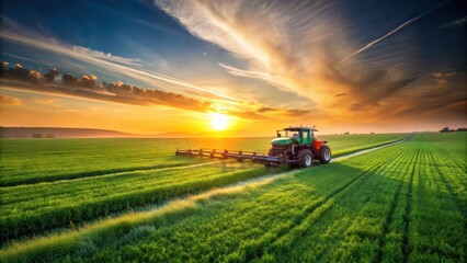 Fototapeta premium Tractor spraying fertilizer in a green field at sunset, tractor, farming, agriculture, rural, farmland, sunset, dusk