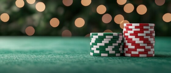 Fototapeta premium Colorful Poker Chips on Green Felt Background